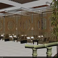 Chinese Style Restaurant Interior With Wooden Ceiling Red Pendant Lights And Beige Sofas