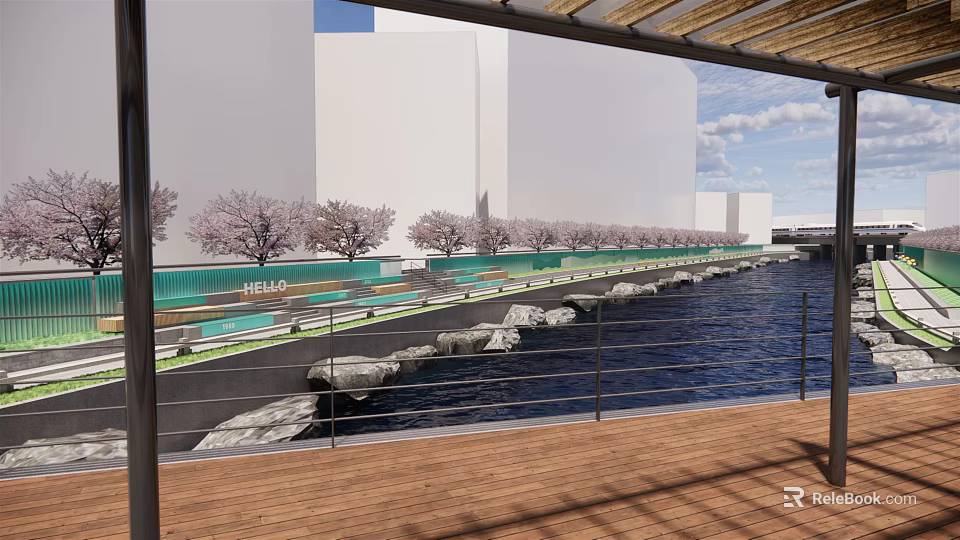 Waterfront Landscape With Cherry Blossom Trees Stone Pathway and Water Area 3d model 