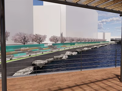 Waterfront Landscape With Cherry Blossom Trees Stone Pathway and Water Area 3d model