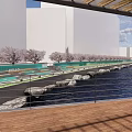 Waterfront Landscape With Cherry Blossom Trees Stone Pathway and Water Area
