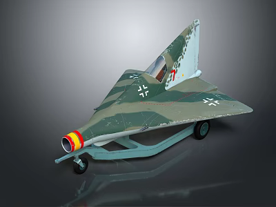 Camouflage Model Airplane With Triangular Wings Yellow Red Nose Emblem On Tail And Wheel Stand 3d model