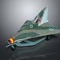 Camouflage Model Airplane With Triangular Wings Yellow Red Nose Emblem On Tail And Wheel Stand