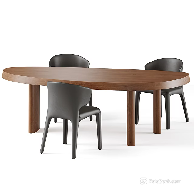 Oval Walnut Wood Dining Table Set With Modern Black Chairs And Sturdy Legs 3d model 