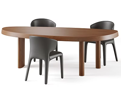 Oval Walnut Wood Dining Table Set With Modern Black Chairs And Sturdy Legs 3d model