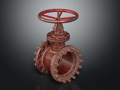 Rusty Industrial Valve With Red Wheel And Cast Iron Body And Bolts 3d model