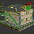 Cartoon Style Two Story House 3D Model with Gray Roof Yellow Walls and Green Lawn