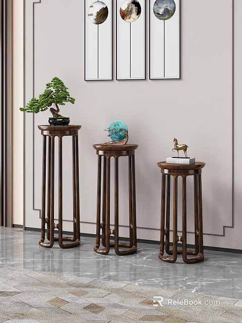 Wooden Plant Stands with Various Heights Holding Potted Green Plant Blue Decor and Deer Ornament 3d model 