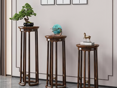 Wooden Plant Stands with Various Heights Holding Potted Green Plant Blue Decor and Deer Ornament 3d model