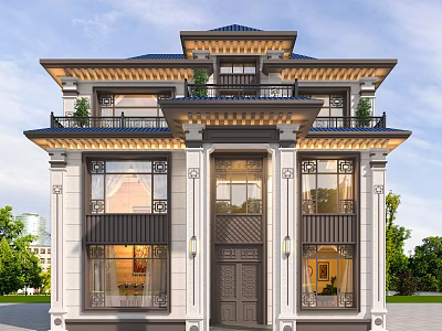 Classic Detached Villa Exterior Design With Blue Roof Carved Decorations Columns And Balcony 3d model