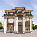 Classic Detached Villa Exterior Design With Blue Roof Carved Decorations Columns And Balcony