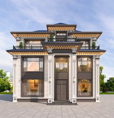 Classic Detached Villa Exterior Design With Blue Roof Carved Decorations Columns And Balcony 3d model