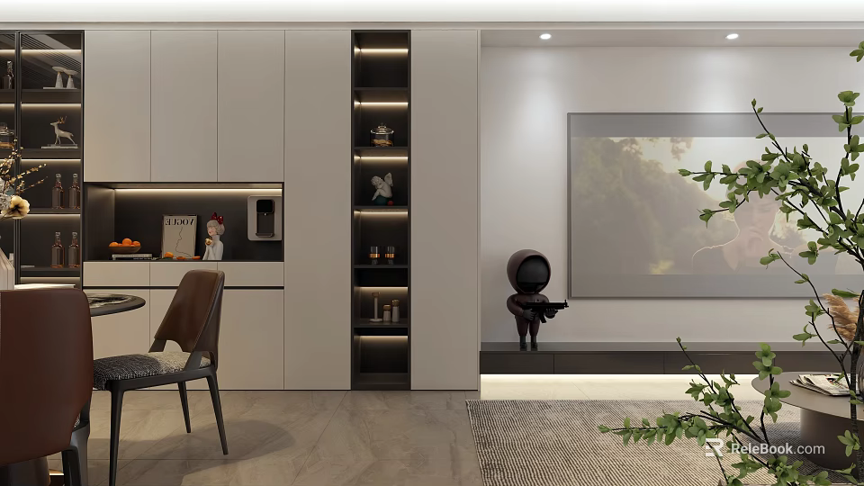 Modern Dining and Living Room Interior With White Cabinets Display Shelves And Decorative Painting 3d model 