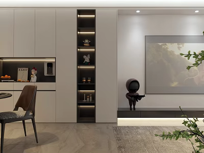 Modern Dining and Living Room Interior With White Cabinets Display Shelves And Decorative Painting 3d model