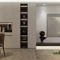 Modern Dining and Living Room Interior With White Cabinets Display Shelves And Decorative Painting