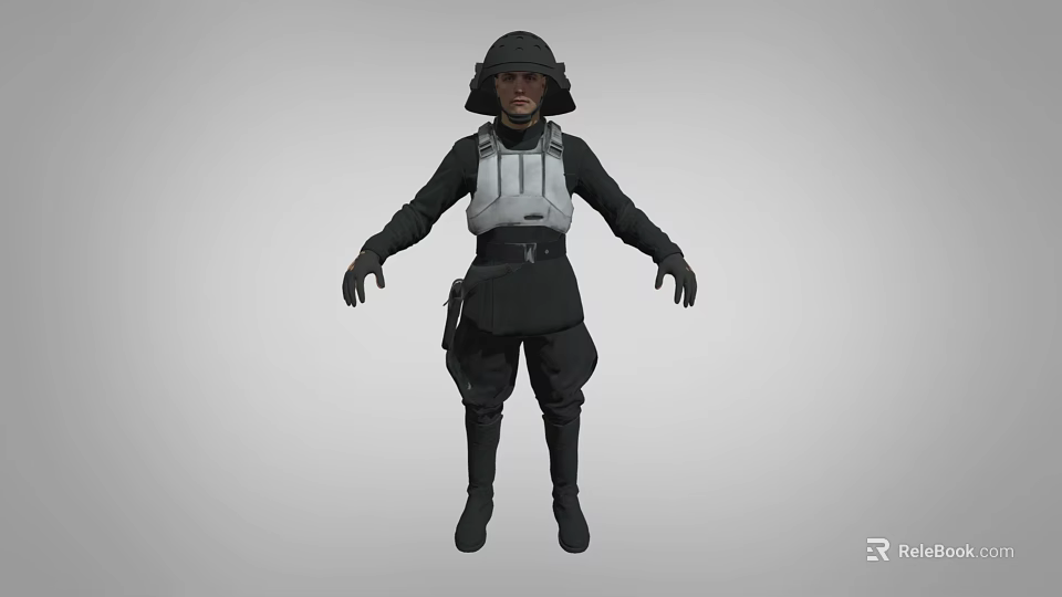 Tactical Combat Game Movie Character in Black Outfit With Gray Armor Vest and Helmet 3d model 