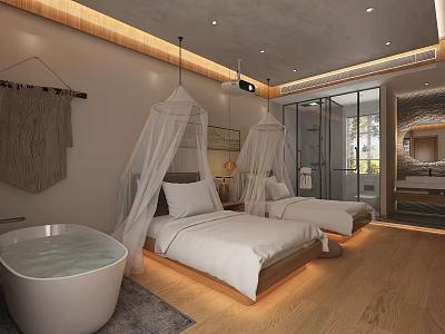 Modern Hotel Room With Twin Canopy Beds Freestanding Bathtub And Wooden Floors 3d model