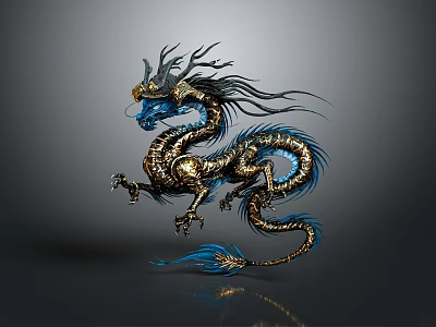 3D Rendered Golden And Blue Mythical Dragon With Flowing Mane Scales And Claws 3d model