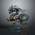 3D Rendered Golden And Blue Mythical Dragon With Flowing Mane Scales And Claws