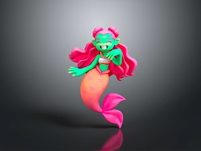 Cheerful Green Skinned Mermaid 3D Character With Pink Hair Tail And Waving Hand 3d model