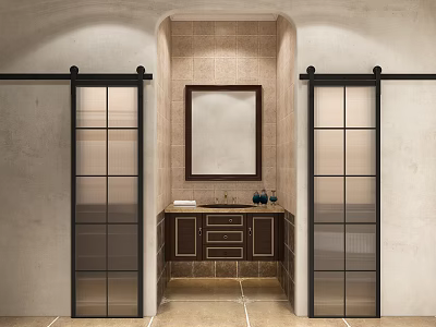 Modern Bathroom Interior With Black Framed Glass Sliding Doors Vanity Mirror And Wooden Cabinets 3d model
