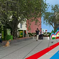 Green Commercial Street Featuring Garbage Classification Boards Trees Benches And Pedestrians 3d model