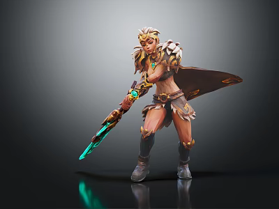Fantasy Warrior In Golden Armor With Green Glowing Weapon And Mythical Creature 3d model