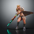 Fantasy Warrior In Golden Armor With Green Glowing Weapon And Mythical Creature