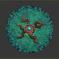Natural Scene with Orange Tree Stump Blue Sphere Red Roots and Lush Green Grassy Surroundings