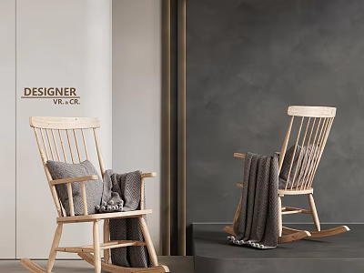 Stylish Light Wooden Rocking Chair With Gray Cushions And Blanket On Gray Wall Background 3d model