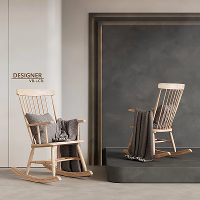 Stylish Light Wooden Rocking Chair With Gray Cushions And Blanket On Gray Wall Background 3d model