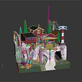 Miniature Scene Model Featuring Red Houses Green Trees Lighthouse Bridge Cave And Ladder