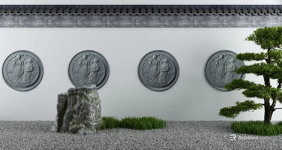 Traditional Building Exterior Wall with Circular Figure Relief Carvings and Garden Rocks Grass and Pine 3d model 