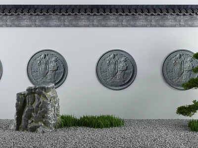Traditional Building Exterior Wall with Circular Figure Relief Carvings and Garden Rocks Grass and Pine 3d model