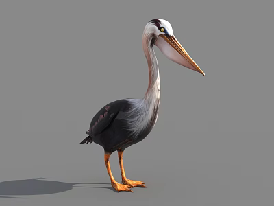 Pelican with White Head Long Orange Beak Black Gray Feathers Orange Legs on Gray Background 3d model