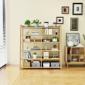 Modern Wooden Bookshelf With Books Potted Plants Storage Boxes And Decor In Living Room