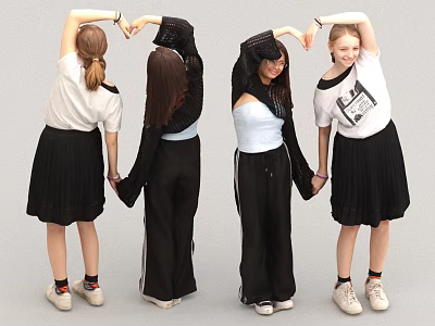 Four Women Holding Hands With Arms Forming Heart Shape Back View Casual Outfits White Shoes 3d model