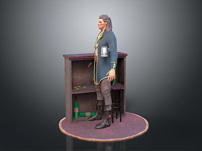 Vintage Wooden Cabinet With Figure In Blue Coat And Stool On Circular Base 3d model
