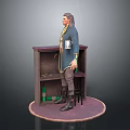 Vintage Wooden Cabinet With Figure In Blue Coat And Stool On Circular Base