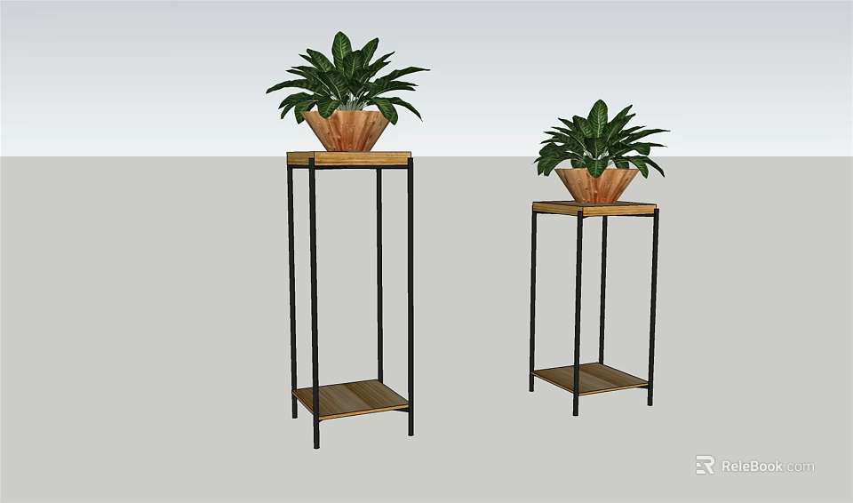 Two Modern Plant Stands with Metal Frames and Wooden Shelves Holding Green Potted Plants 3d model 