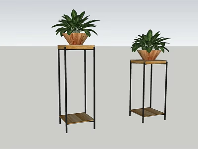 Two Modern Plant Stands with Metal Frames and Wooden Shelves Holding Green Potted Plants 3d model