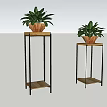Two Modern Plant Stands with Metal Frames and Wooden Shelves Holding Green Potted Plants