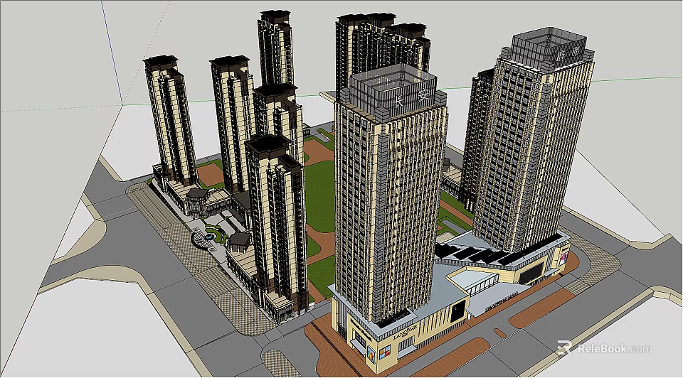 Modern Urban High Rise Buildings With Green Lawn And Commercial Area Design 3d model 