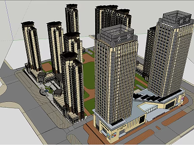 Modern Urban High Rise Buildings With Green Lawn And Commercial Area Design 3d model