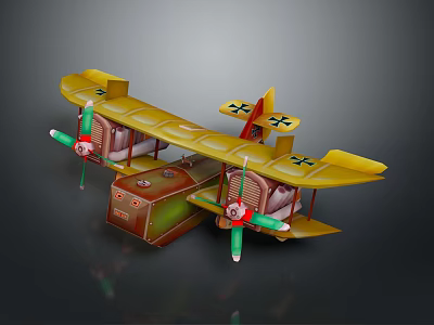 Yellow Biplane Model With Green Propellers Cross Markings And Box-like Fuselage 3d model