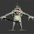 Spiked Head Shark Humanoid Game Character With Green Skin Sharp Teeth And Trident Weapon