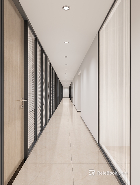 Modern Office Hallway With Louvered Doors Recessed Ceiling Lights And Light Colored Floor Tiles 3d model 