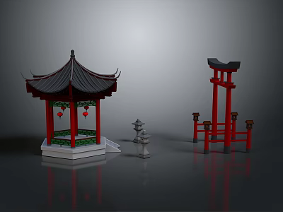Traditional Chinese Architectural Elements Featuring Pagoda Red Torii Gate Hanging Lanterns And Stone Lanterns 3d model
