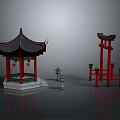 Traditional Chinese Architectural Elements Featuring Pagoda Red Torii Gate Hanging Lanterns And Stone Lanterns