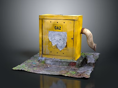 Yellow Gas Utility Box With Damaged Surface And Curved Pipe On Mossy Earth Base 3d model