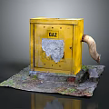Yellow Gas Utility Box With Damaged Surface And Curved Pipe On Mossy Earth Base